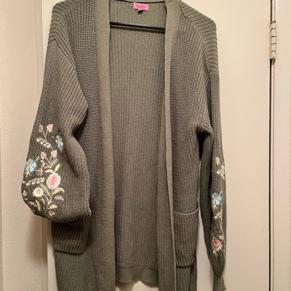 Mi Ami Olive Open Front Cardigan with Floral Embroidery